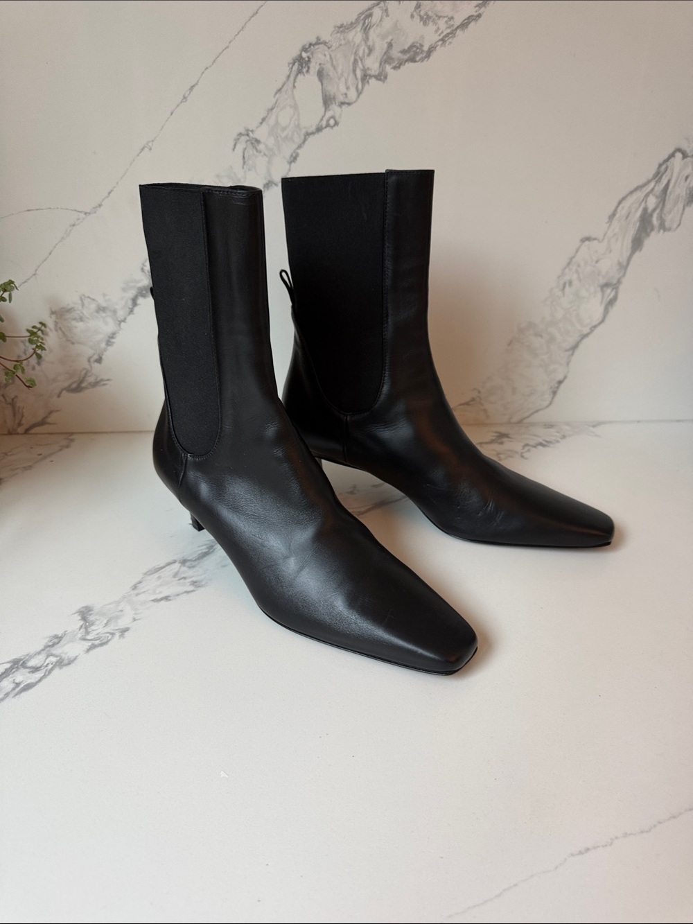 Toteme Black Leather Pointed-Toe Mid-Calf Boots